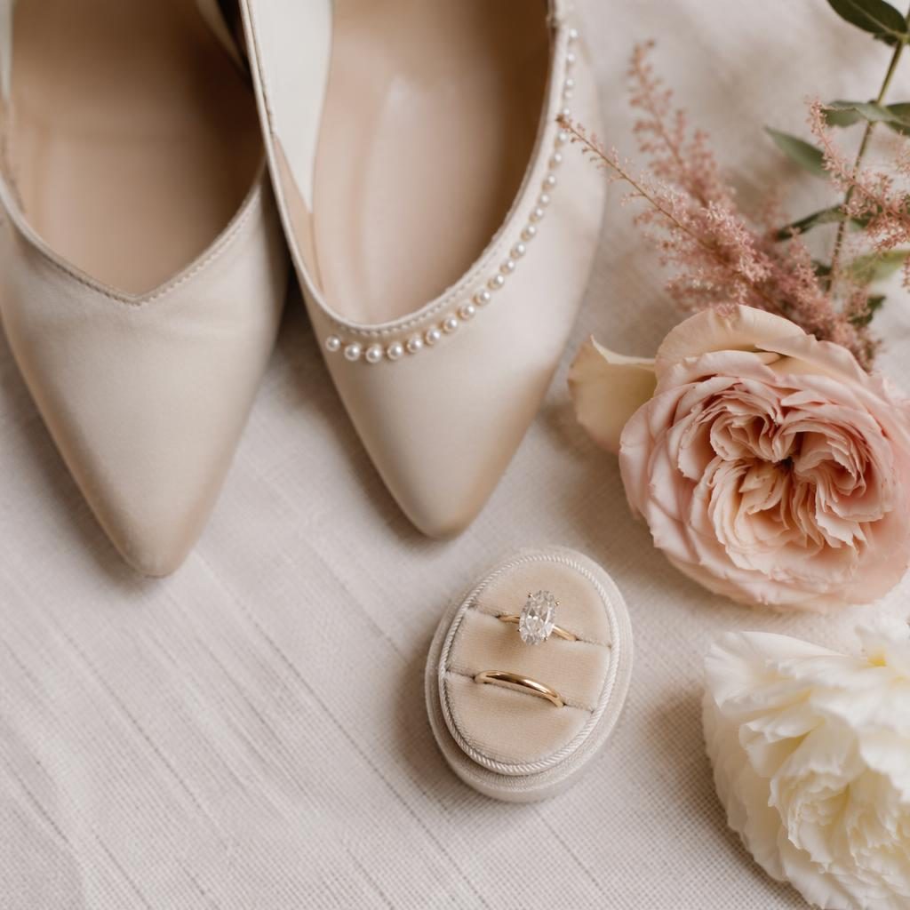 Flatlay mit Brautschuhen und Eheringen auf cremefarbenem Stoff, natürliches Licht, Blush- und Cremetöne.
