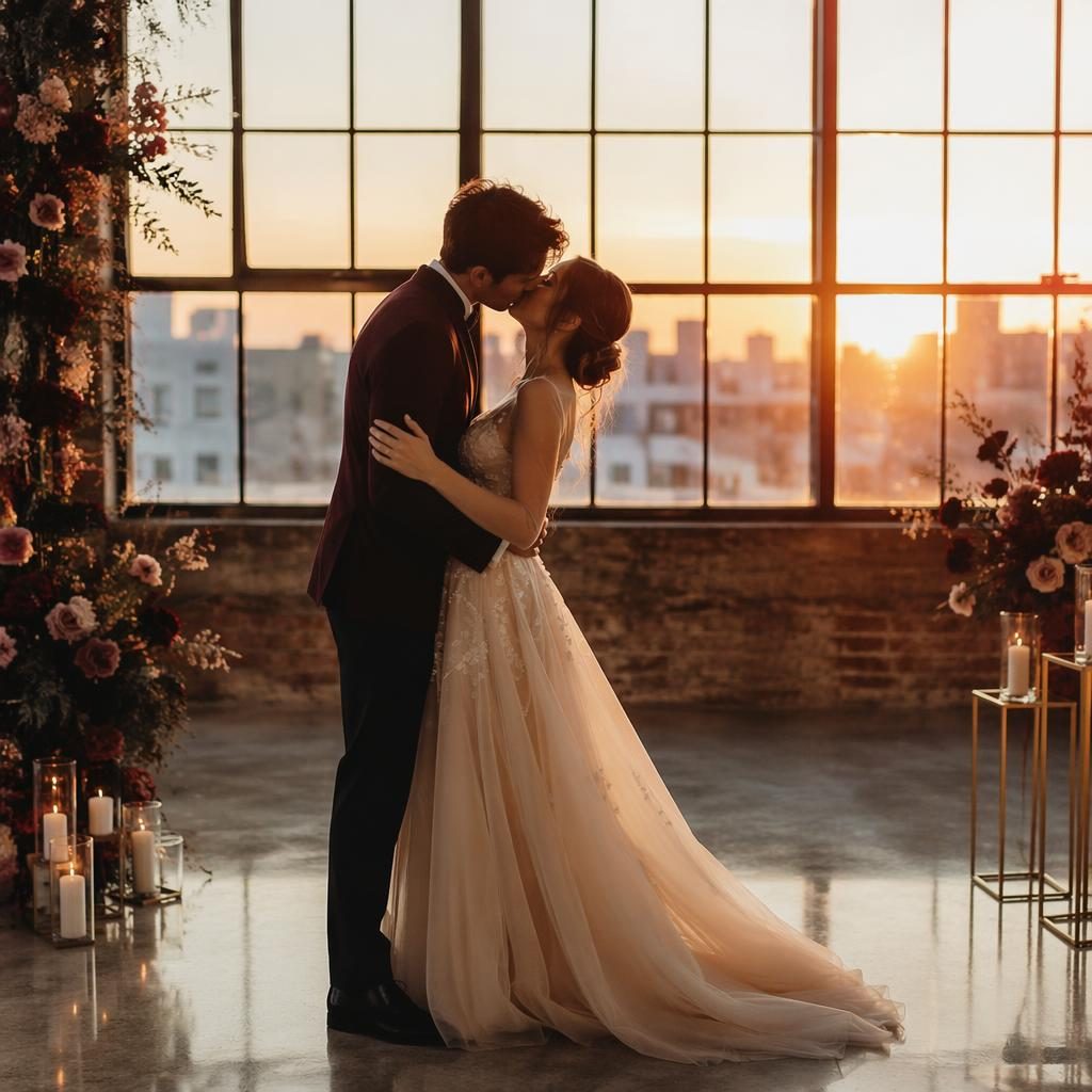 Couple de mariés en silhouette s’embrassant au coucher du soleil dans un loft industriel, tons bordeaux et or.