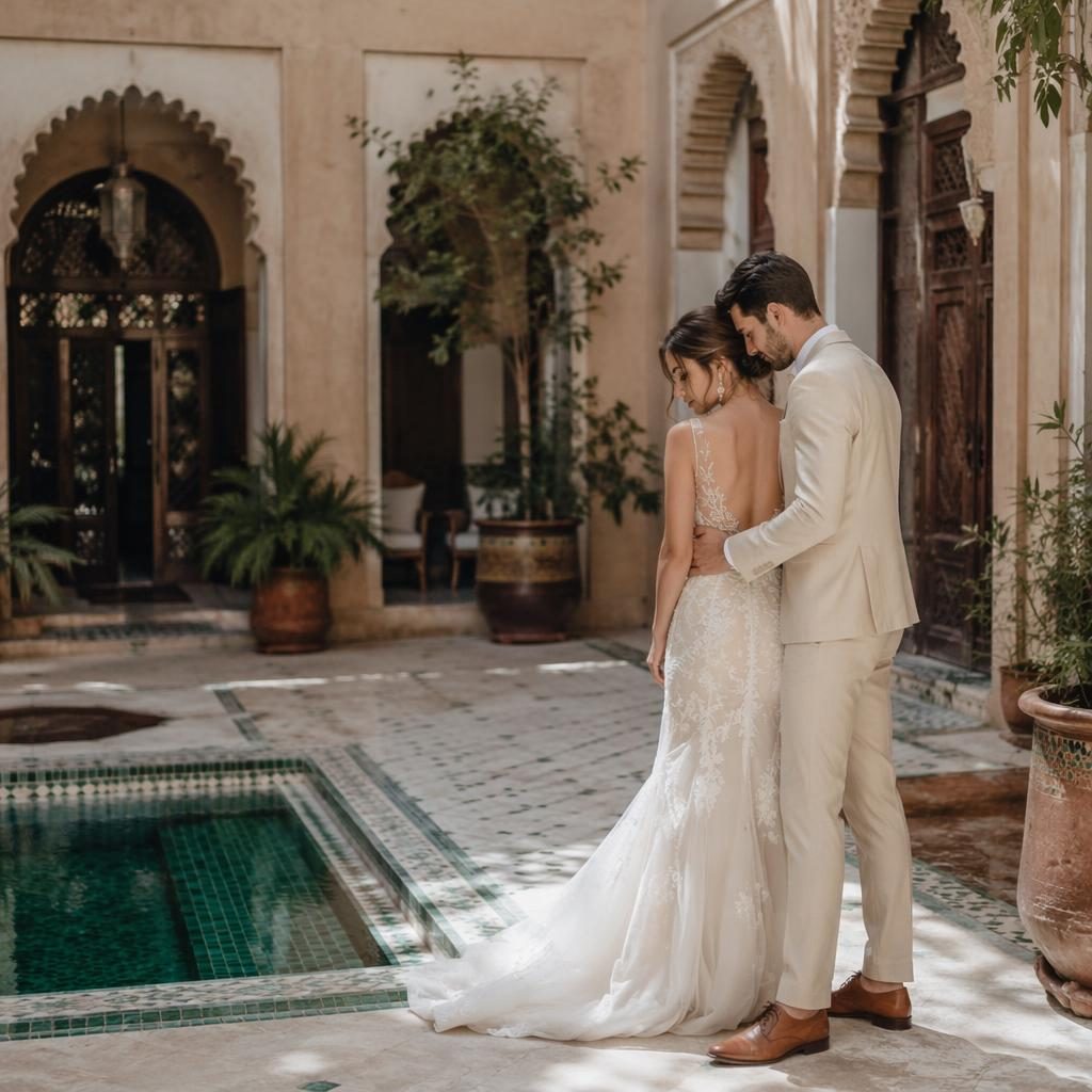 Brautpaar beim First Look in einem marokkanischen Riad-Innenhof eines Weinguts, Frühlingslicht, natürliche Hochzeitsfotografie