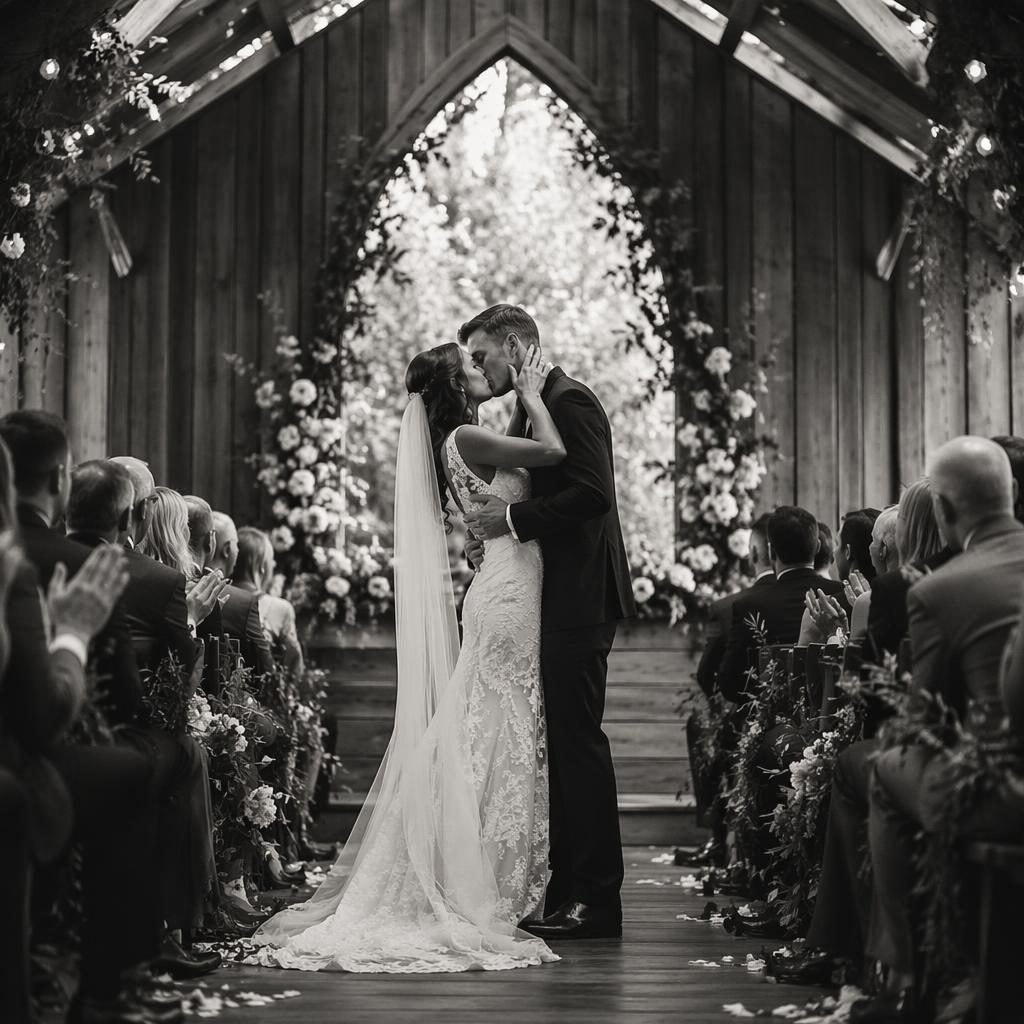 Black and white photo of a couple sharing a first kiss beneath towering redwoods with rustic wedding styling.