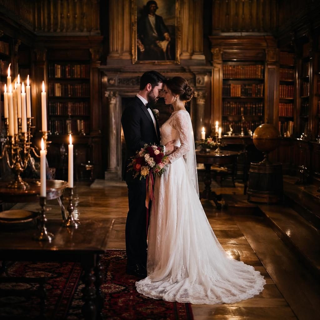 Couple de mariés dans une bibliothèque de château éclairée aux bougies, avec cierges magiques, tons bordeaux et or.