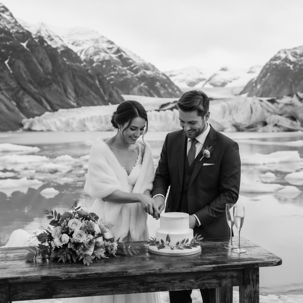 Pareja cortando pastel de boda en jardín botánico invernal, foto editorial en blanco y negro con luz natural.