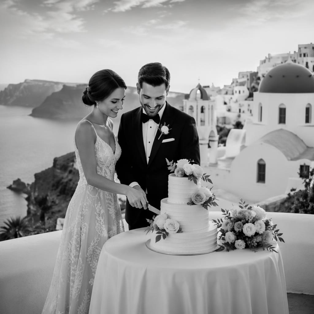Brautpaar beim Tortenanschnitt auf einer Santorini-Klippe bei Sonnenuntergang, Schwarzweiß, blaue Kuppeln im Hintergrund