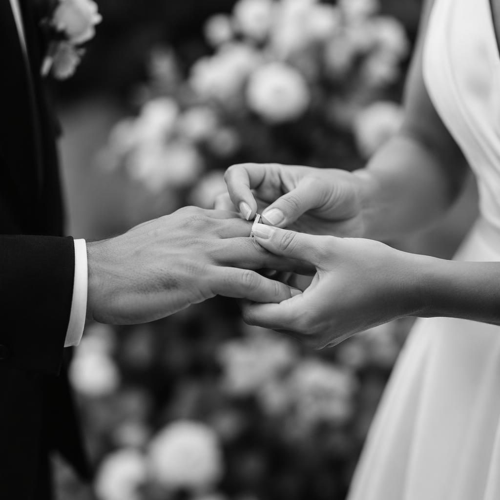 Gros plan sur des mains échangeant des alliances lors d’une cérémonie de mariage dans un jardin botanique, en noir et blanc.