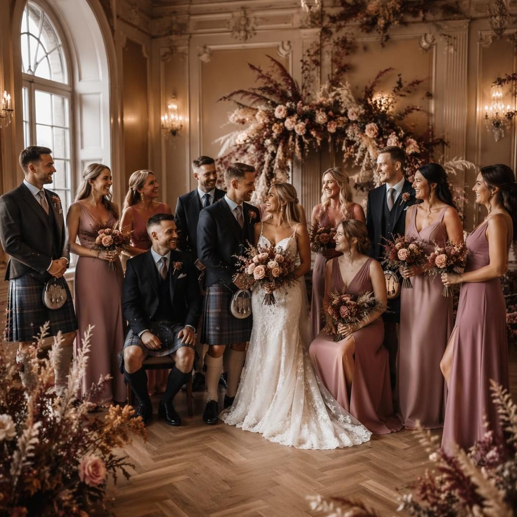 Groupe de mariage posant dans une salle de bal élégante, tons rose poudré, lumière naturelle, ambiance cinématographique d’automne.