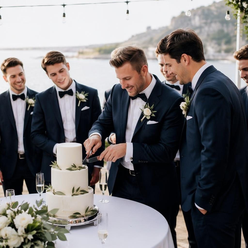 Groom and groomsmen at a beach destination wedding during cake cutting, styled in light airy tones with cool winter colors.