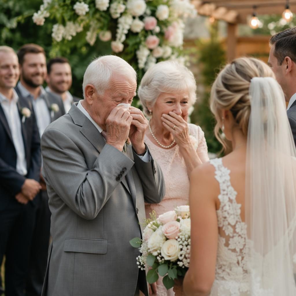 Candid backyard wedding group photo with emotional grandparents, spring flowers, blush and cream tones, natural light