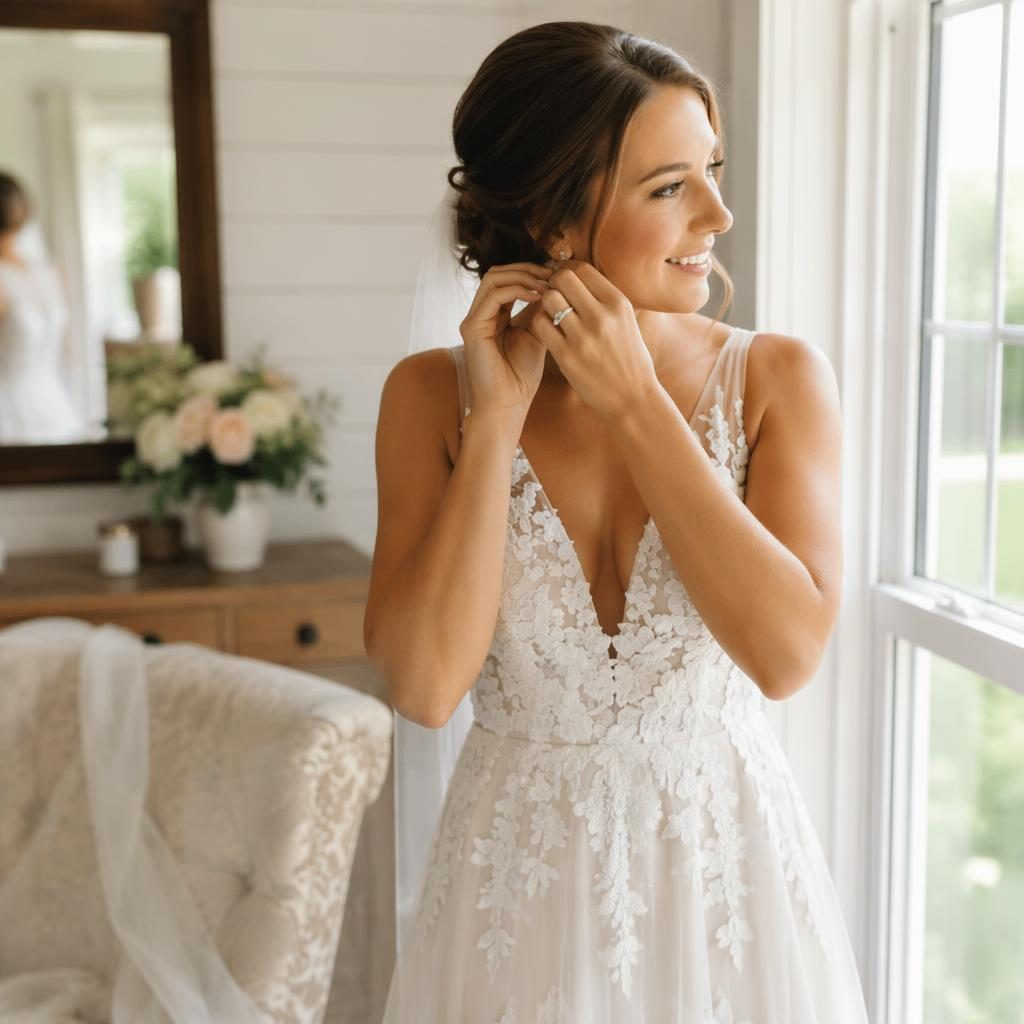 Braut beim Getting Ready am Fenster mit weichem Tageslicht in intimer Gartenhochzeit in Blush und Creme.