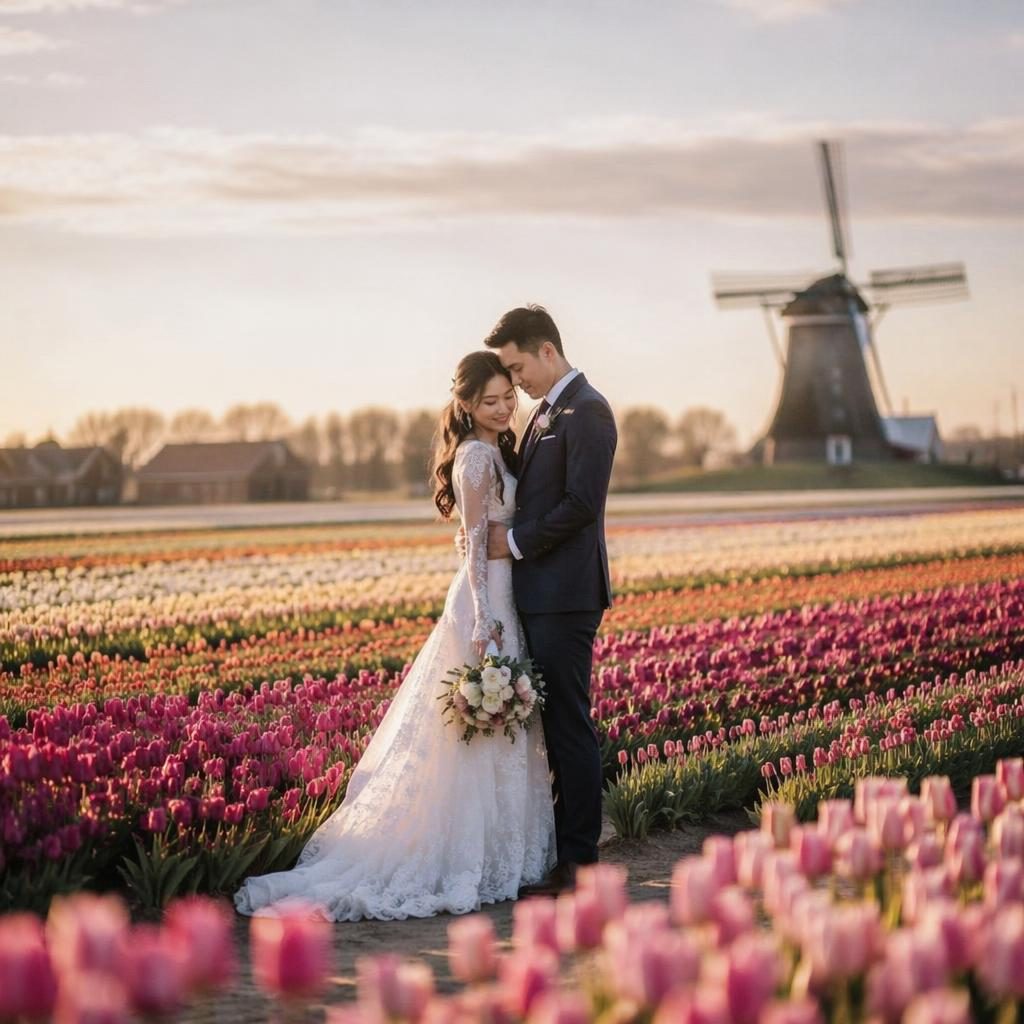 Couple at a reception-style wedding entrance in a Netherlands tulip field, soft pastel tones with burgundy and gold details.