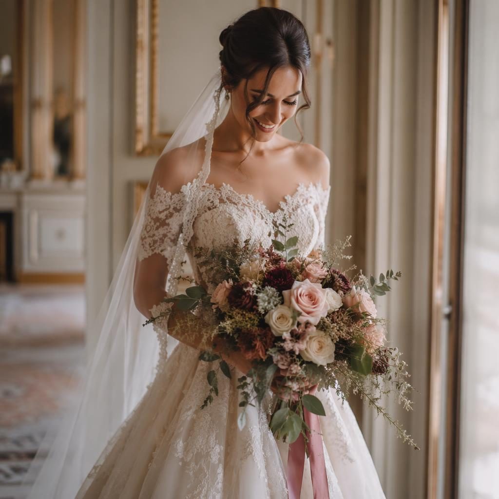 Novia preparándose en un salón elegante con ramo natural, luz suave y estética cinematográfica en tonos rosa empolvado