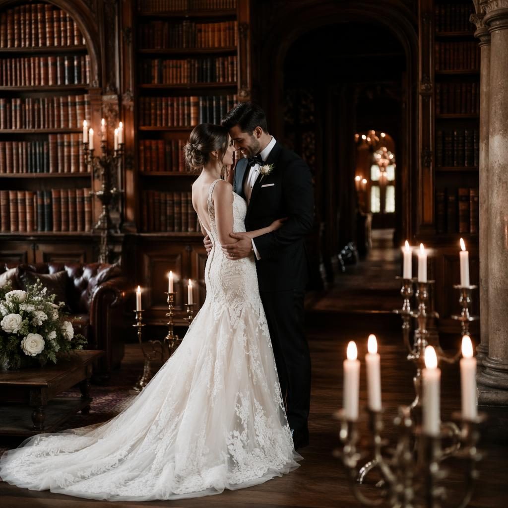 Brautpaar in einer historischen Schlossbibliothek bei Kerzenlicht, natürliche Pose, elegante Hochzeitsfotografie