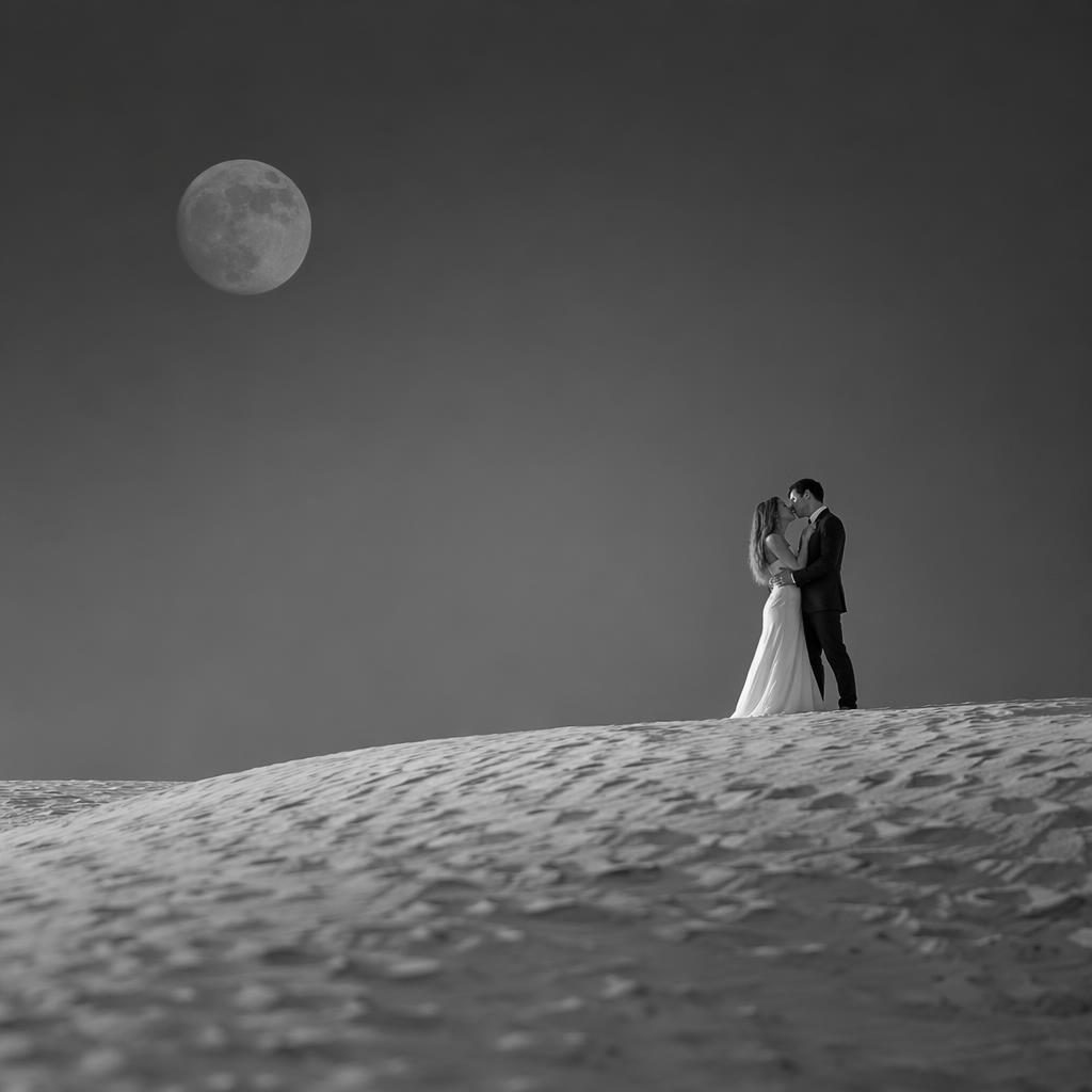 Couple de mariés s’embrassant sur des dunes de sable, photo éditoriale noir et blanc en lumière naturelle.