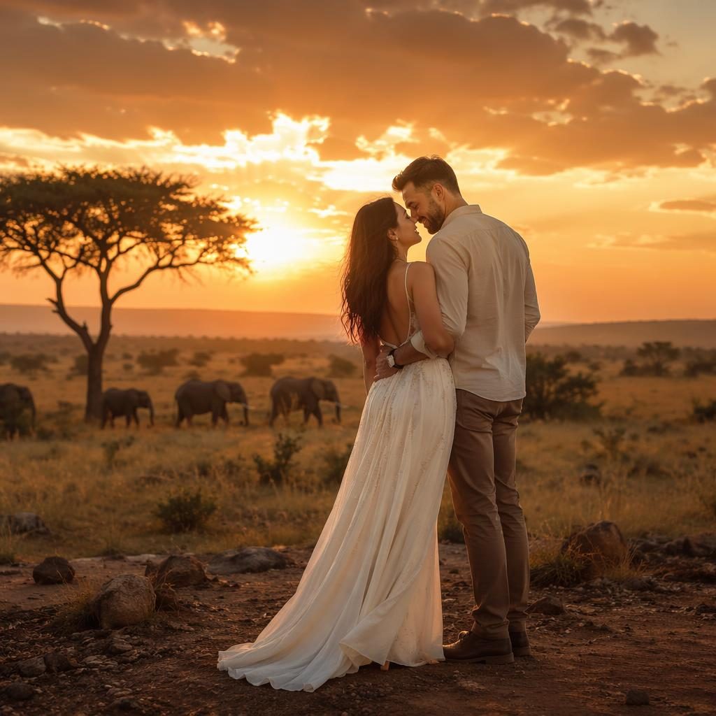 Couple and wedding party posed candidly at a vineyard with soft blush tones and an African savannah sunset backdrop.