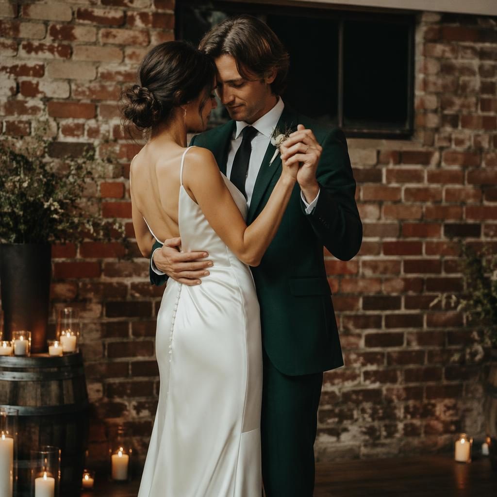Bride and groom share a first dance in an intimate industrial loft with brick walls, natural light, and emerald bronze tones.