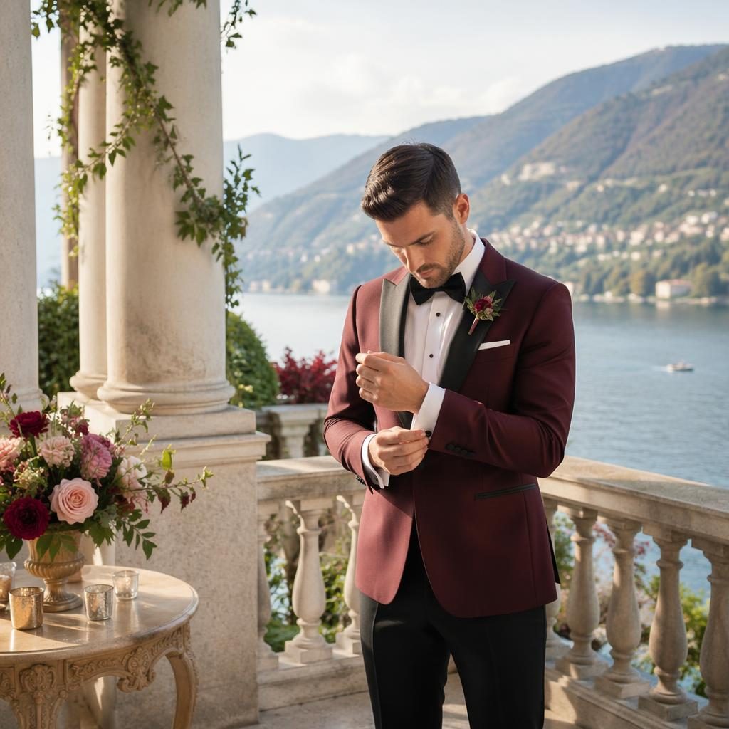 Groom getting ready on a Lake Como villa balcony with desert minimalist styling, burgundy and gold tones, soft natural light