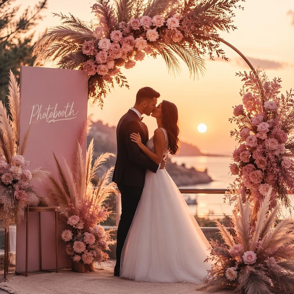 Silhouette d’un premier baiser au coucher du soleil dans une salle de bal élégante, palette rose poudré, ambiance mariage chic.