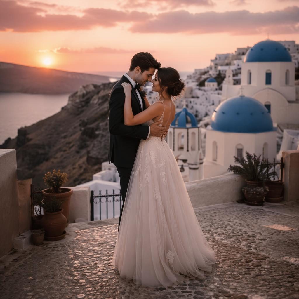 Bride and groom share a first dance at sunset on a Santorini cliff with blue domes and a dusty rose sky.