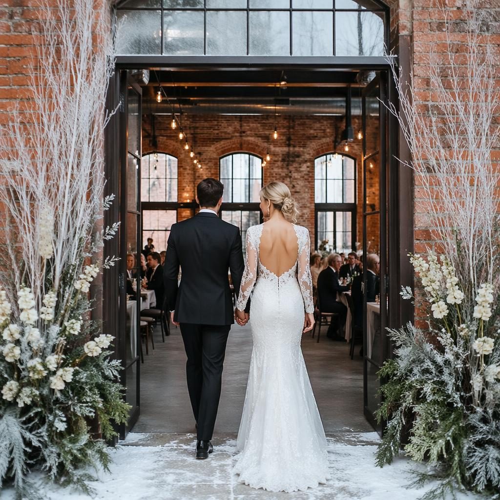 Beach destination wedding reception entrance at an industrial loft brick venue with light airy decor and icy tones