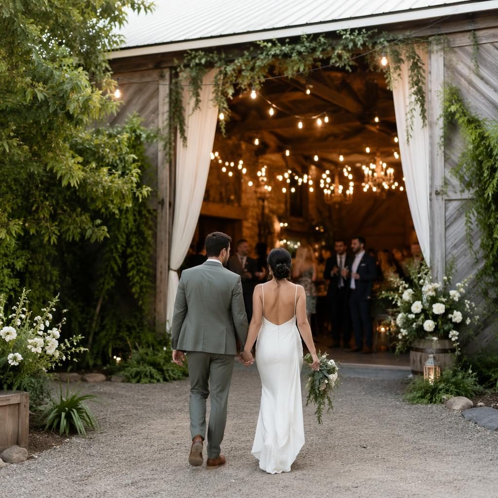 Entrée de réception de mariage dans un jardin botanique, palette sauge et blanc, grange rustique et guirlandes lumineuses.