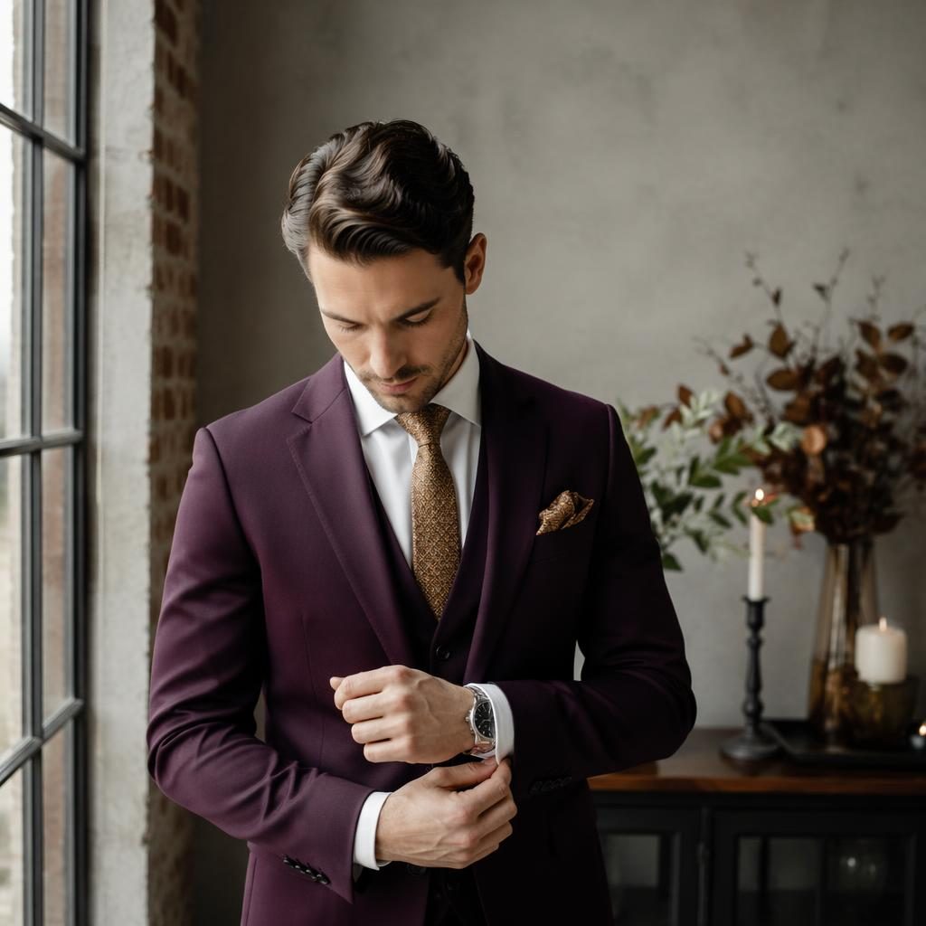 Novio preparándose para su boda en un loft industrial urbano, con luz natural, tonos burdeos y dorados y fondo glaciar dramático.