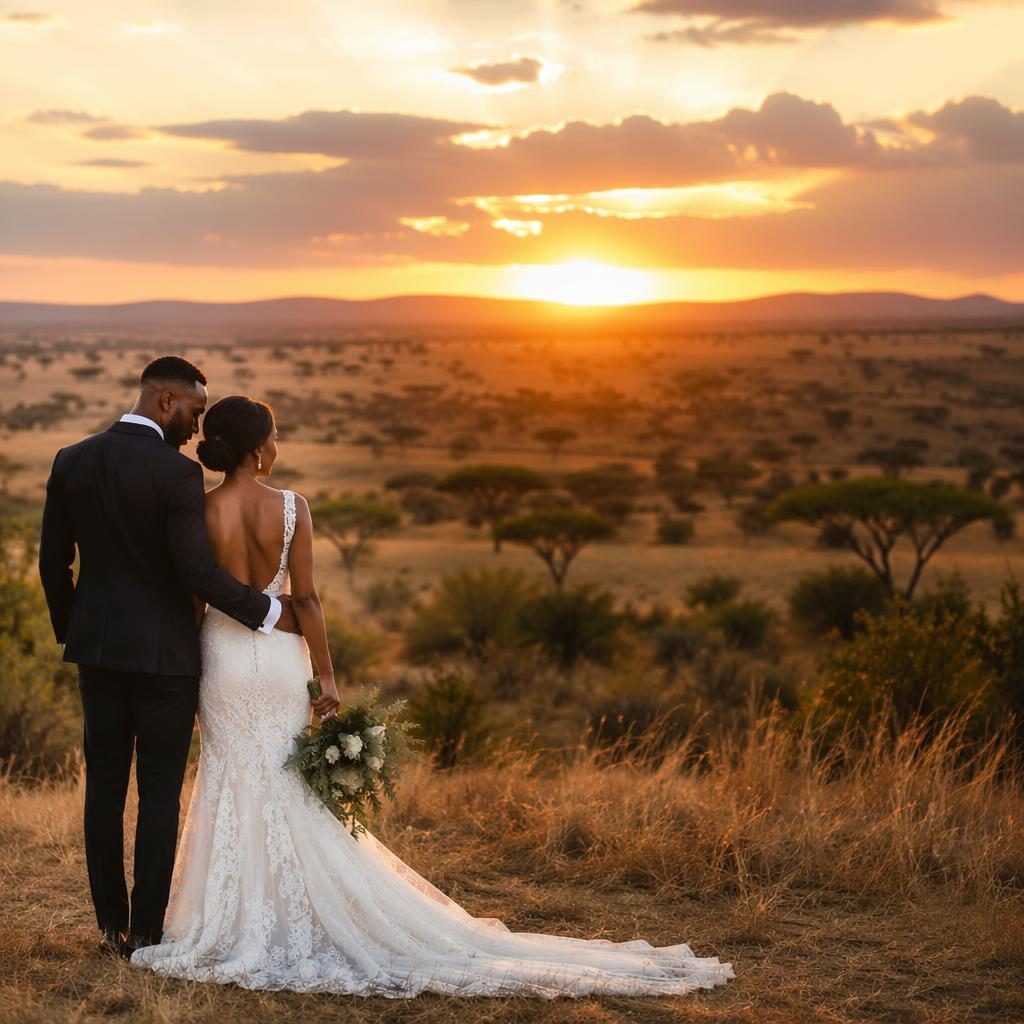 Portrait de couple de mariage en safari sur la savane africaine au coucher du soleil, tons sauge et blanc, lumière naturelle