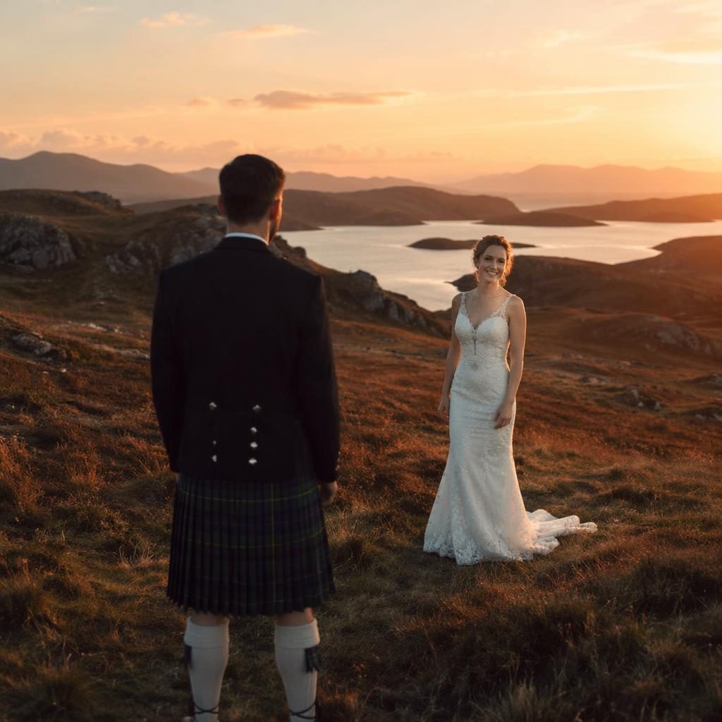 Bride and groom share a first look at a tropical resort at sunset with dark moody tones and warm autumn light.