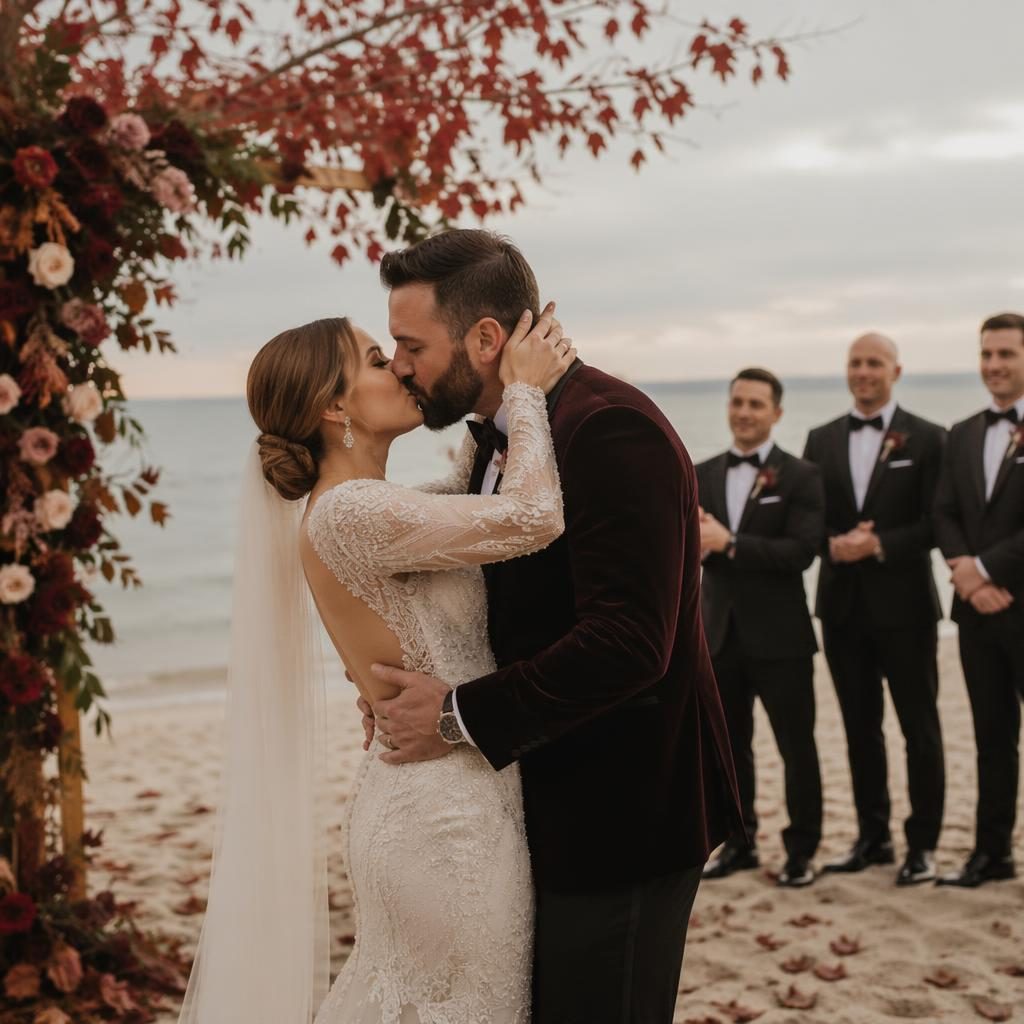 Novio besa a la novia en la playa al atardecer, con padrinos al fondo y tonos burdeos y dorado en estilo romántico