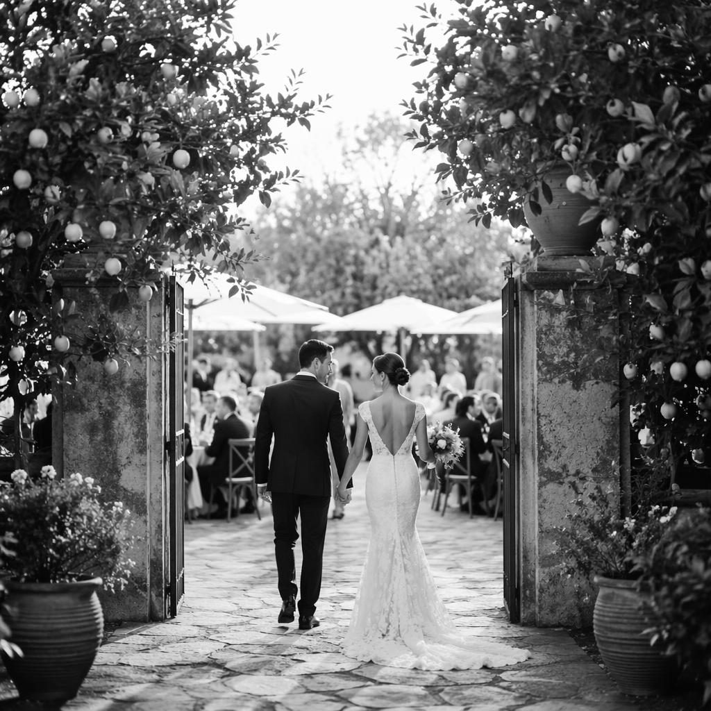 Black and white wedding reception entrance at a garden venue with lemon trees, editorial style, natural light