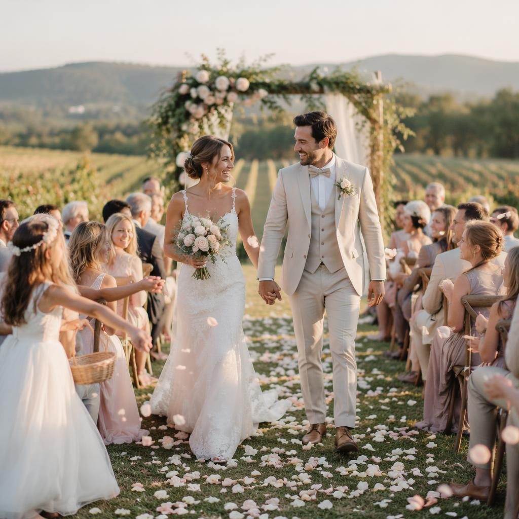 Mariée se préparant dans un vignoble au printemps, avec une fillette d'honneur lançant des pétales, tons blush et crème.