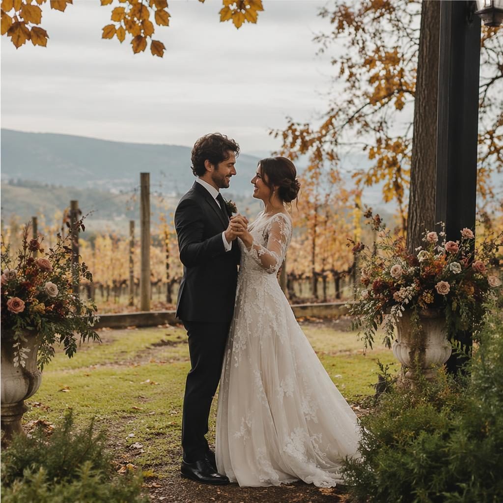 Pareja en su primer baile durante una boda en viñedo otoñal junto al mar, con luz natural y tonos blush y crema.