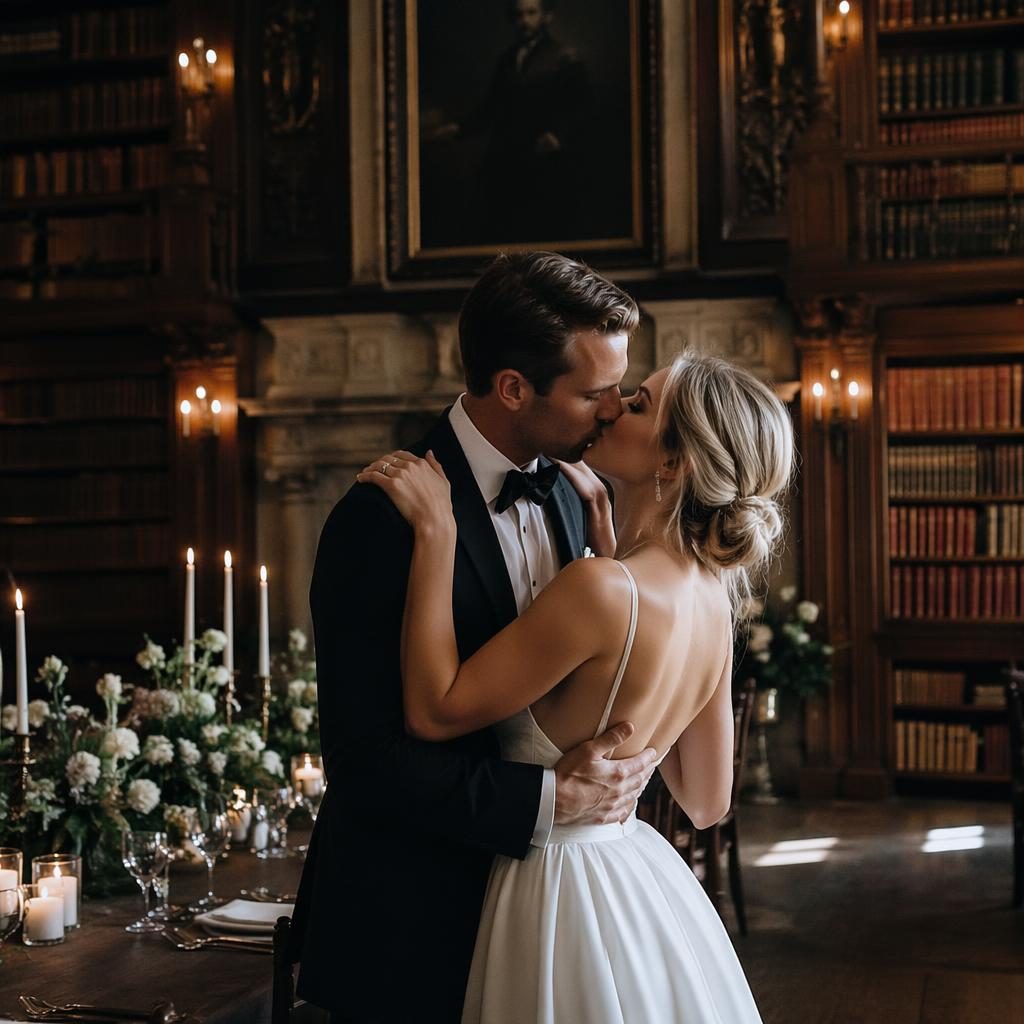 Bride and groom share a first kiss in a candlelit historic castle library with sage and white wedding decor.