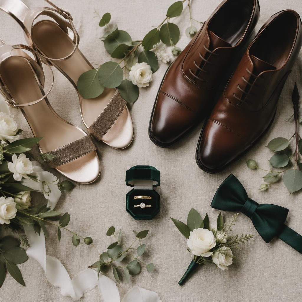Groupe de mariage dans un vignoble au printemps, avec flatlay de chaussures et alliances en lumière naturelle.