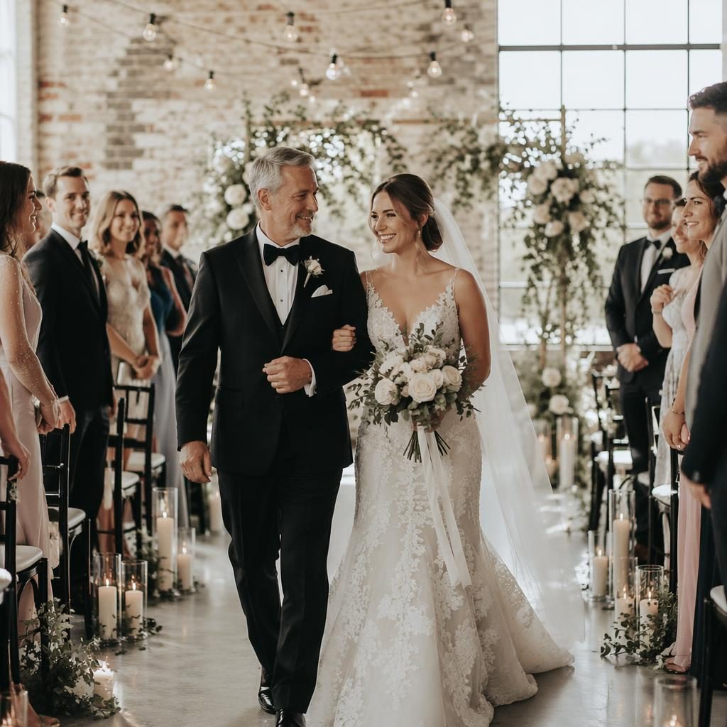 Un père accompagne la mariée dans l’allée d’un loft industriel urbain, lumière naturelle et tons glacés d’hiver.