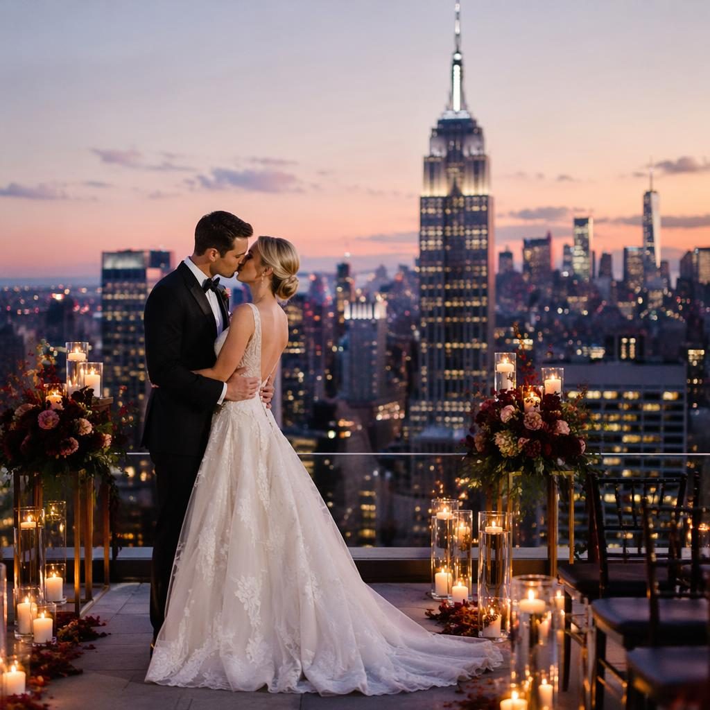 Wedding reception entrance on a Manhattan rooftop at dusk with pastel florals, burgundy and gold decor, and skyline views.