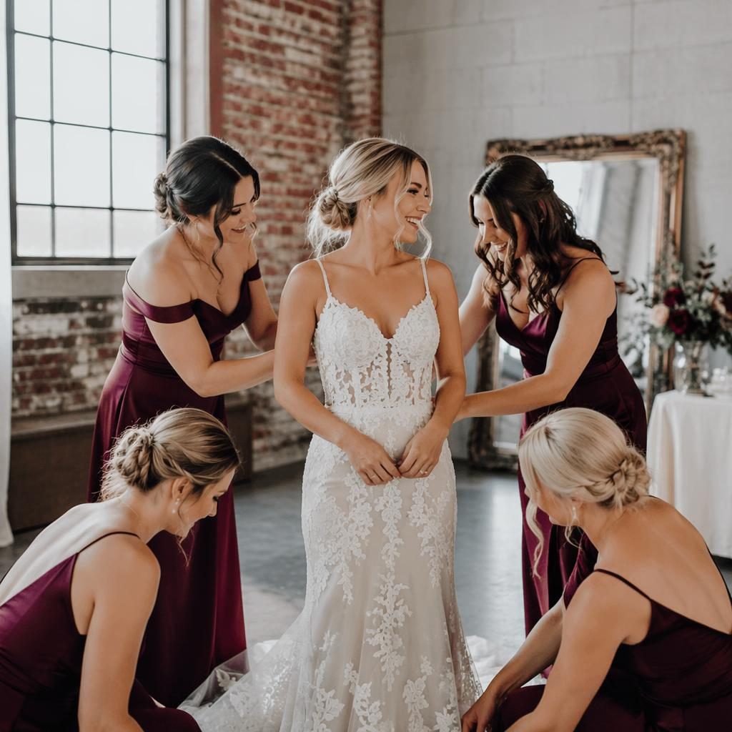 Wedding scene in an urban industrial loft with a bridal party getting ready, soft pastel light, burgundy and gold details.