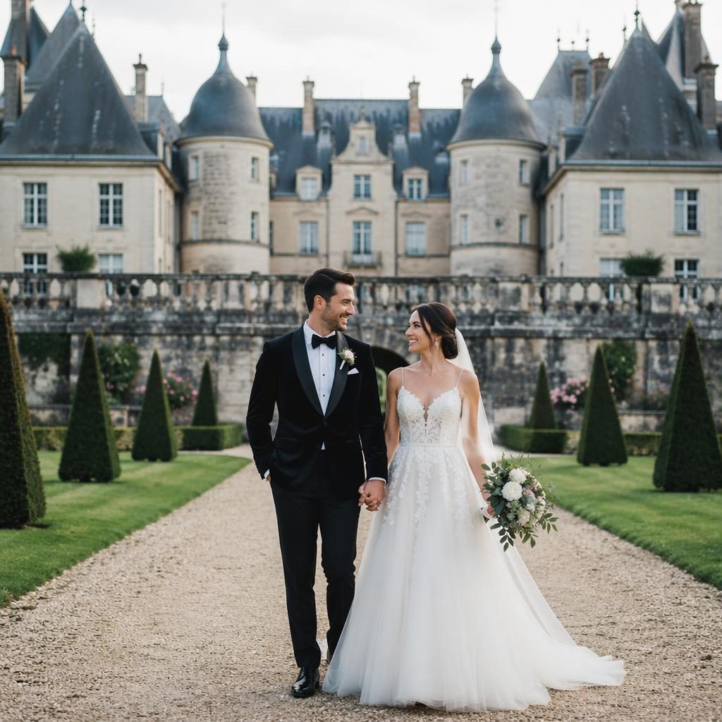 Portrait de couple en tenue de mariage devant un château, palette sauge et blanc, lumière naturelle, style éditorial.