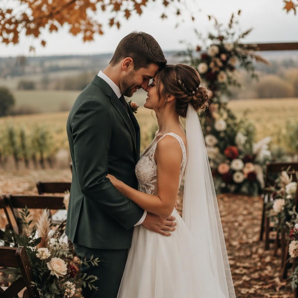 Bride getting ready at an intimate autumn vineyard wedding, filmed in natural light with emerald and bronze tones.
