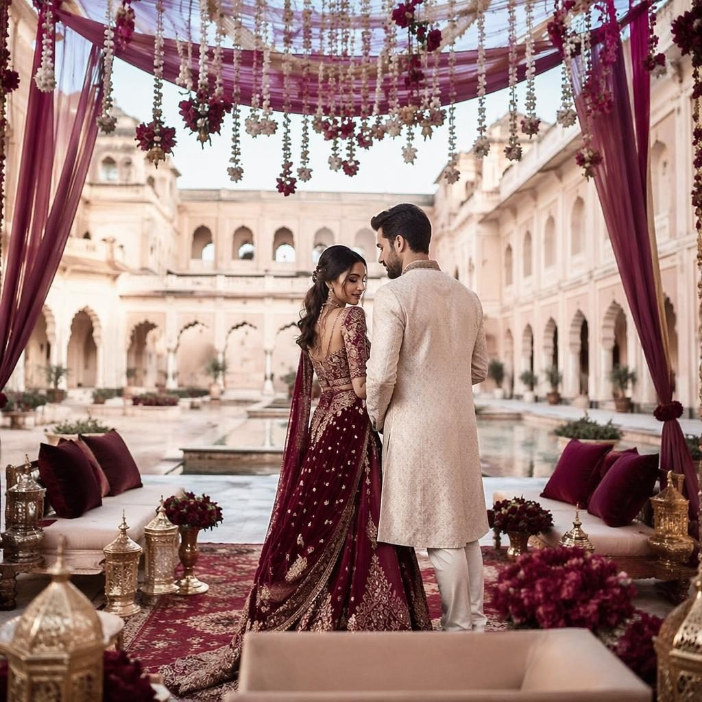 Brautpaar bei einer Mehndi-Zeremonie im Palasthof von Rajasthan, Pastelltöne, Bordeaux-Gold, natürliches Licht