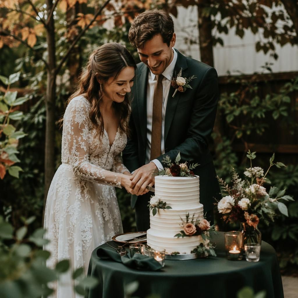 Couple laughing while cutting wedding cake in an intimate autumn backyard setting with natural light and emerald bronze tones.