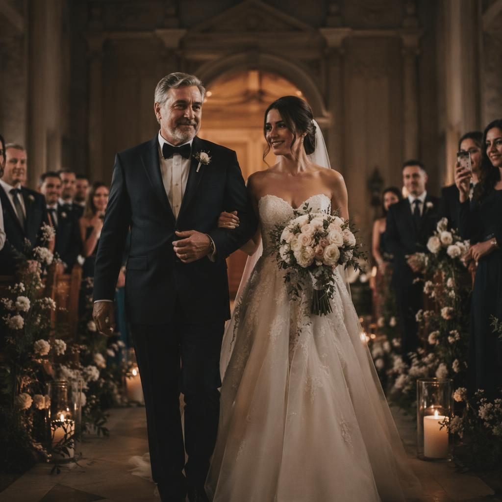 Vater führt die Braut in einem eleganten Ballsaal bei warmem Abendlicht zum Altar, in dunkler, stimmungsvoller Szene.