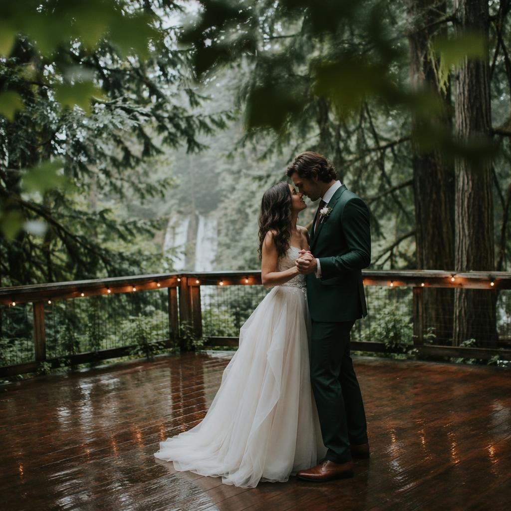 Bride and groom share a first dance on a cliffside overlooking the ocean, styled with fairytale woodland details in soft natural light.