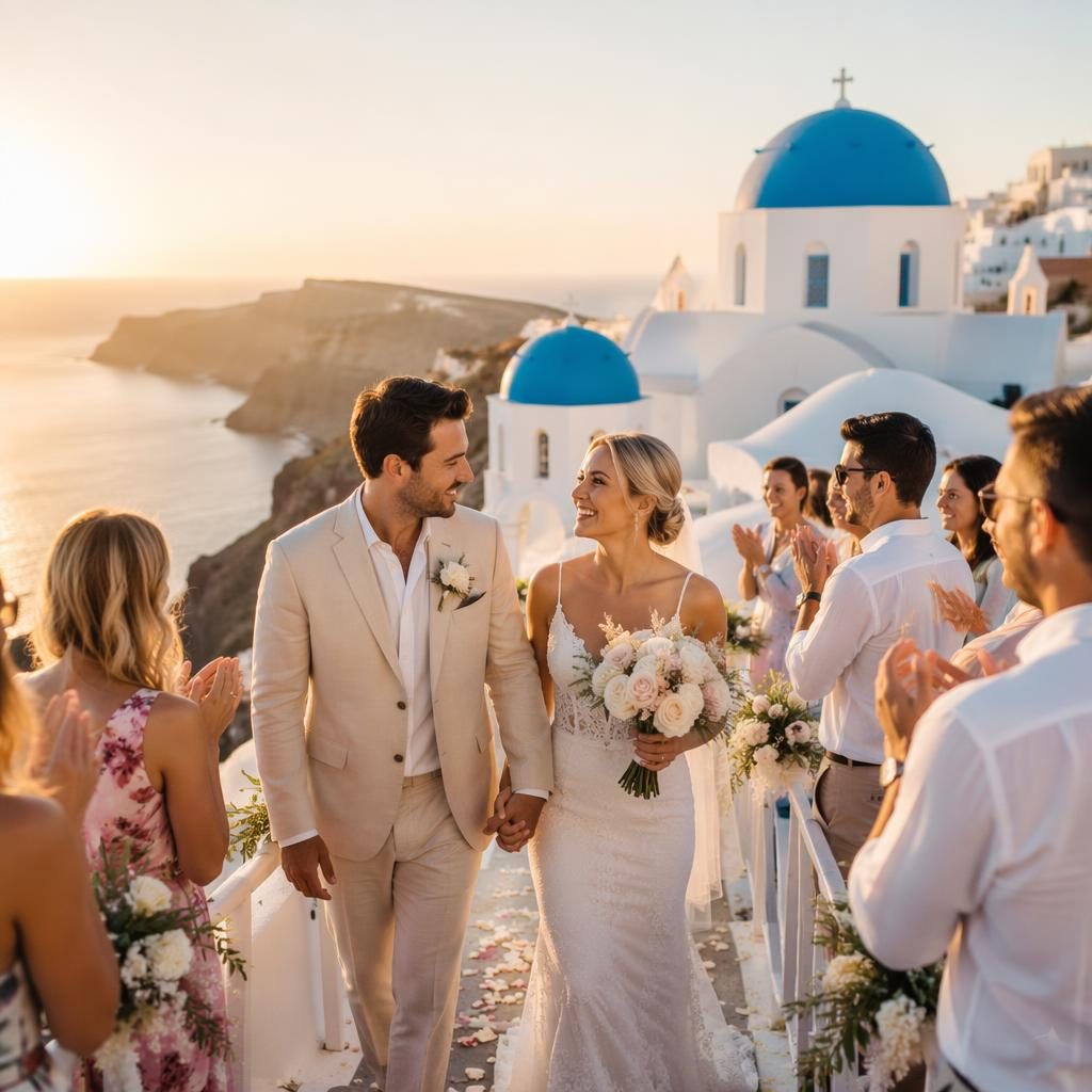 Candid wedding recessional at a Santorini vineyard at sunset, with blue domes, soft blush and cream tones, and natural light.