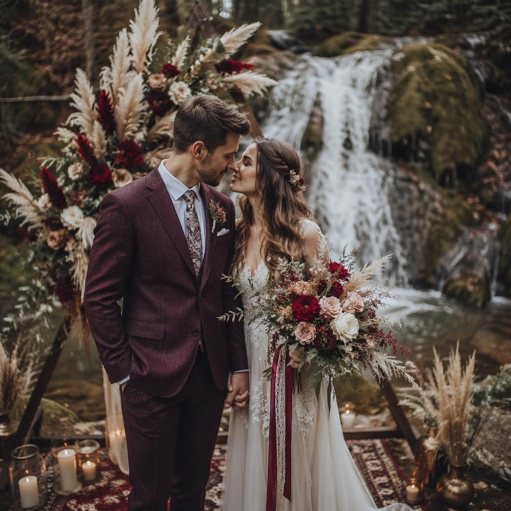 Novios en la playa con bengalas al atardecer, altar bohemio junto a cascada y tonos burdeos y dorado