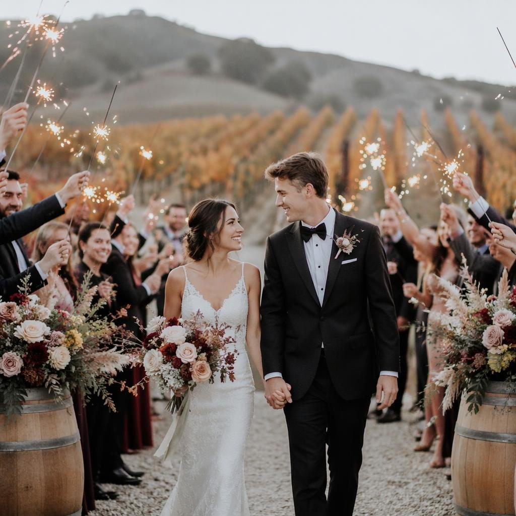 Bride and groom walk through sparklers after an autumn vineyard beach-destination wedding in soft icy natural light.