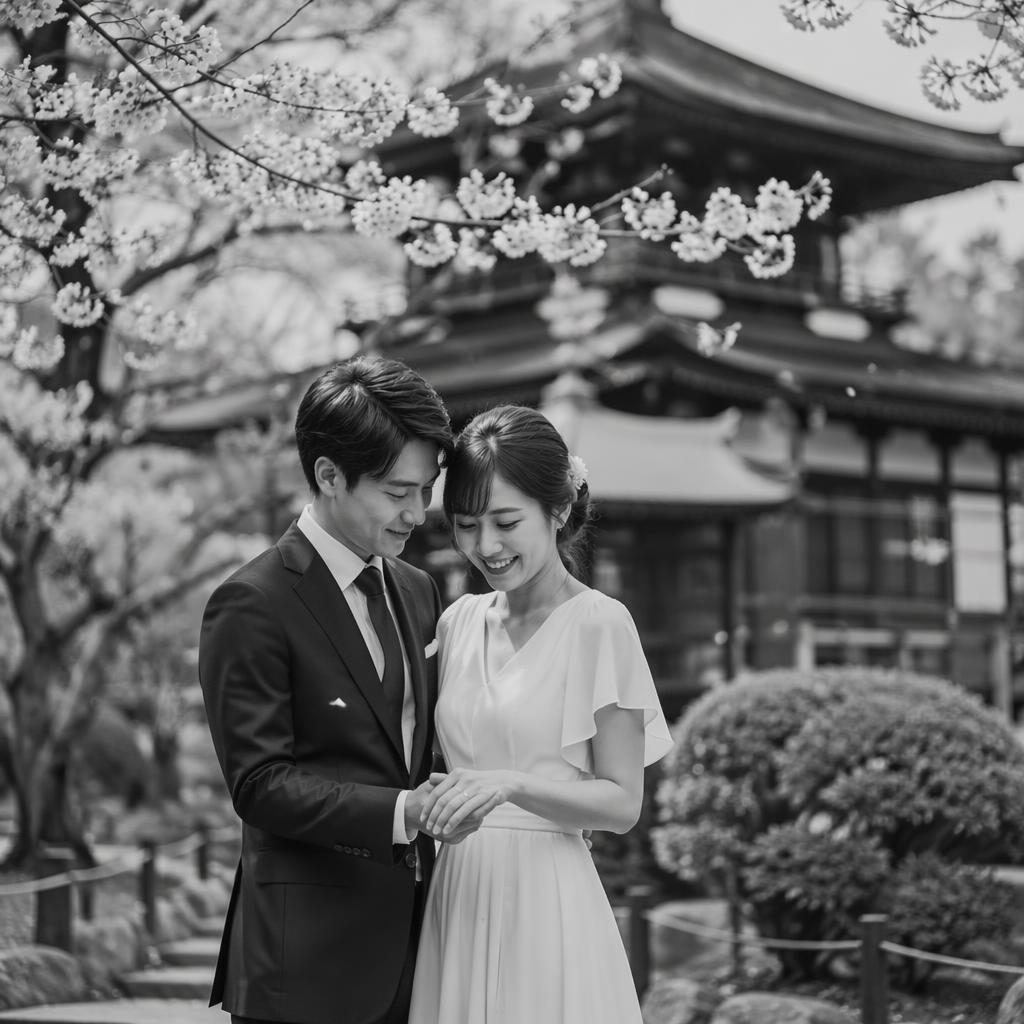 Black and white editorial-style couple cutting a wedding cake in a Kyoto temple garden with cherry blossoms.