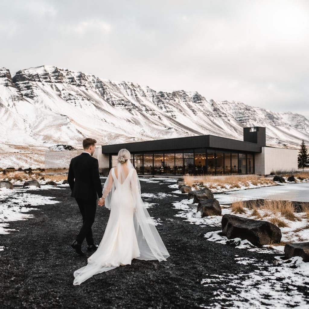 Wedding reception entrance at a minimalist desert venue with Icelandic black sand styling, airy winter light, and ice-toned decor.