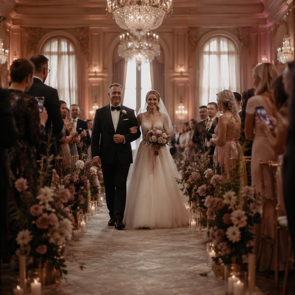 Braut wird im eleganten Ballsaal im Herbst von ihrem Vater zum Altar geführt, in staubiger Rosé-Palette