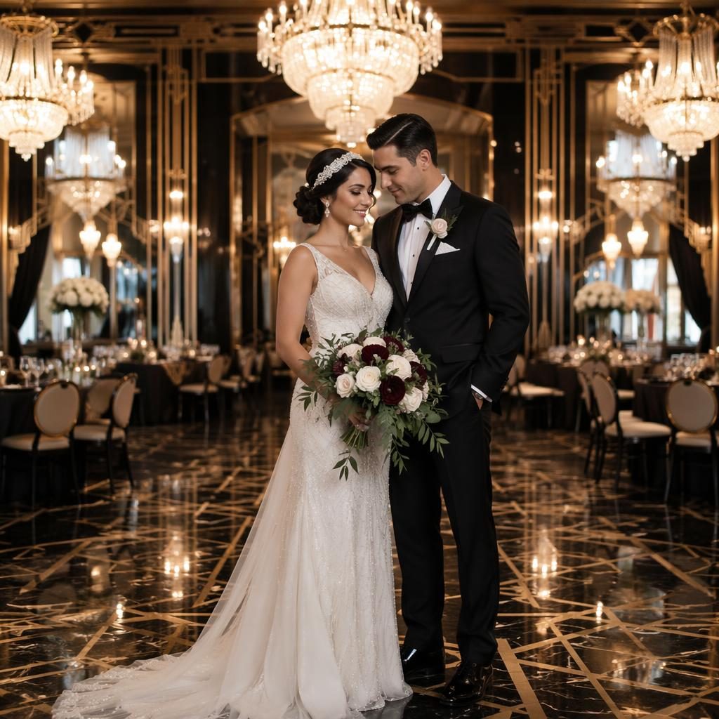 Bride and groom exchange vows by a beachside art deco ballroom, in soft pastel light with burgundy and gold details.
