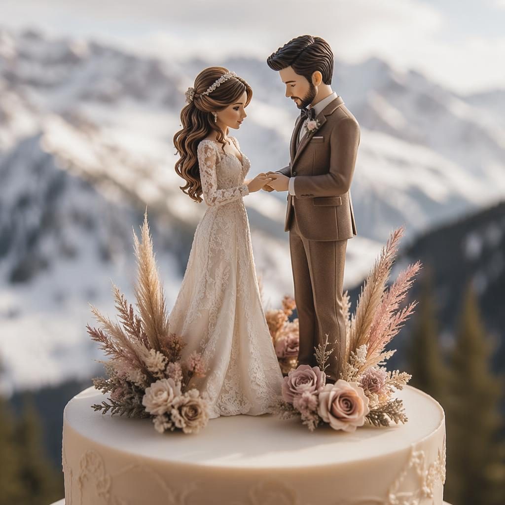 Intercambio de anillos en boda alpina invernal, con tonos rosa empolvado y pampas boho en composición elegante.