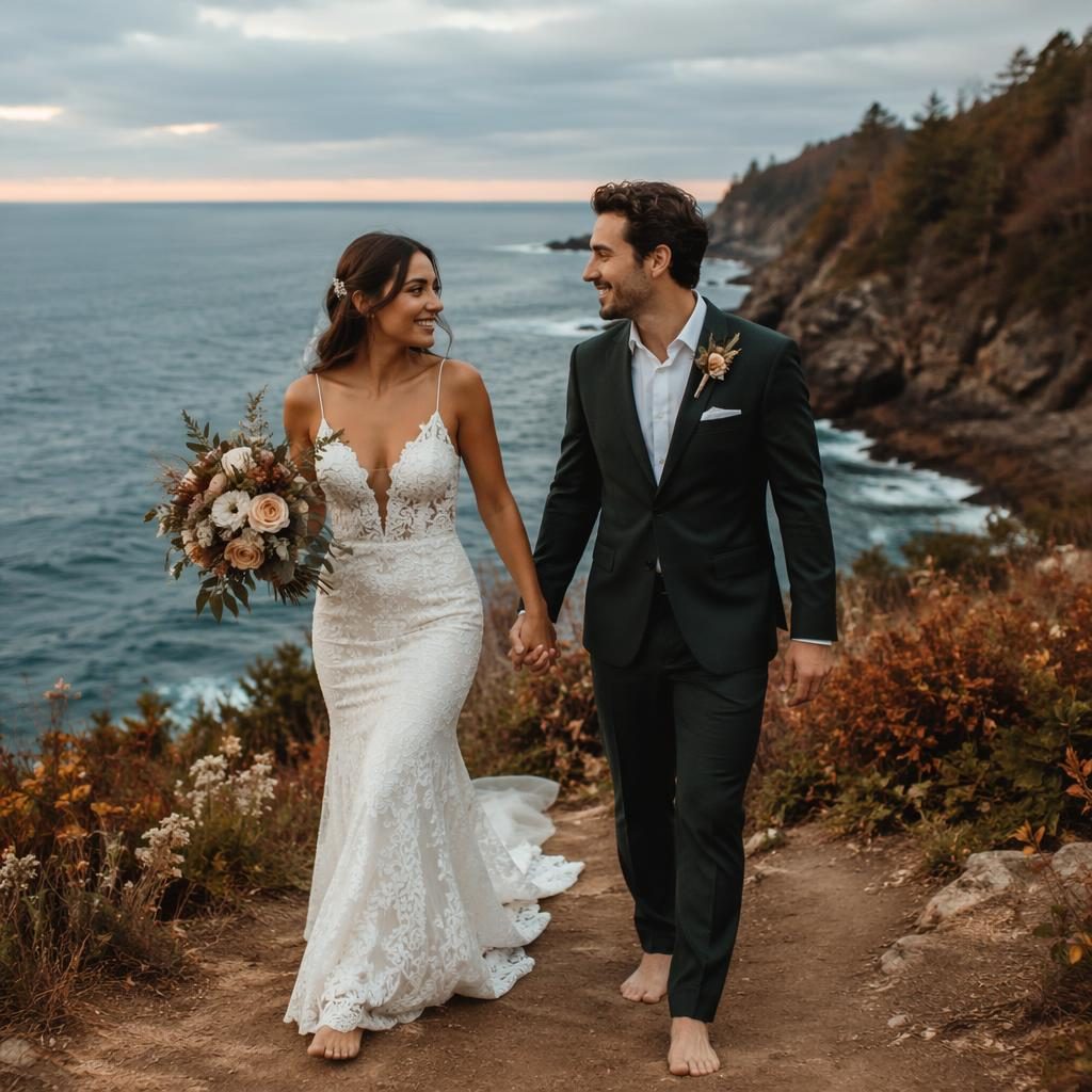 Bride and groom walk barefoot by a cliffside ocean during a wedding recessional, with autumn tones and natural light.